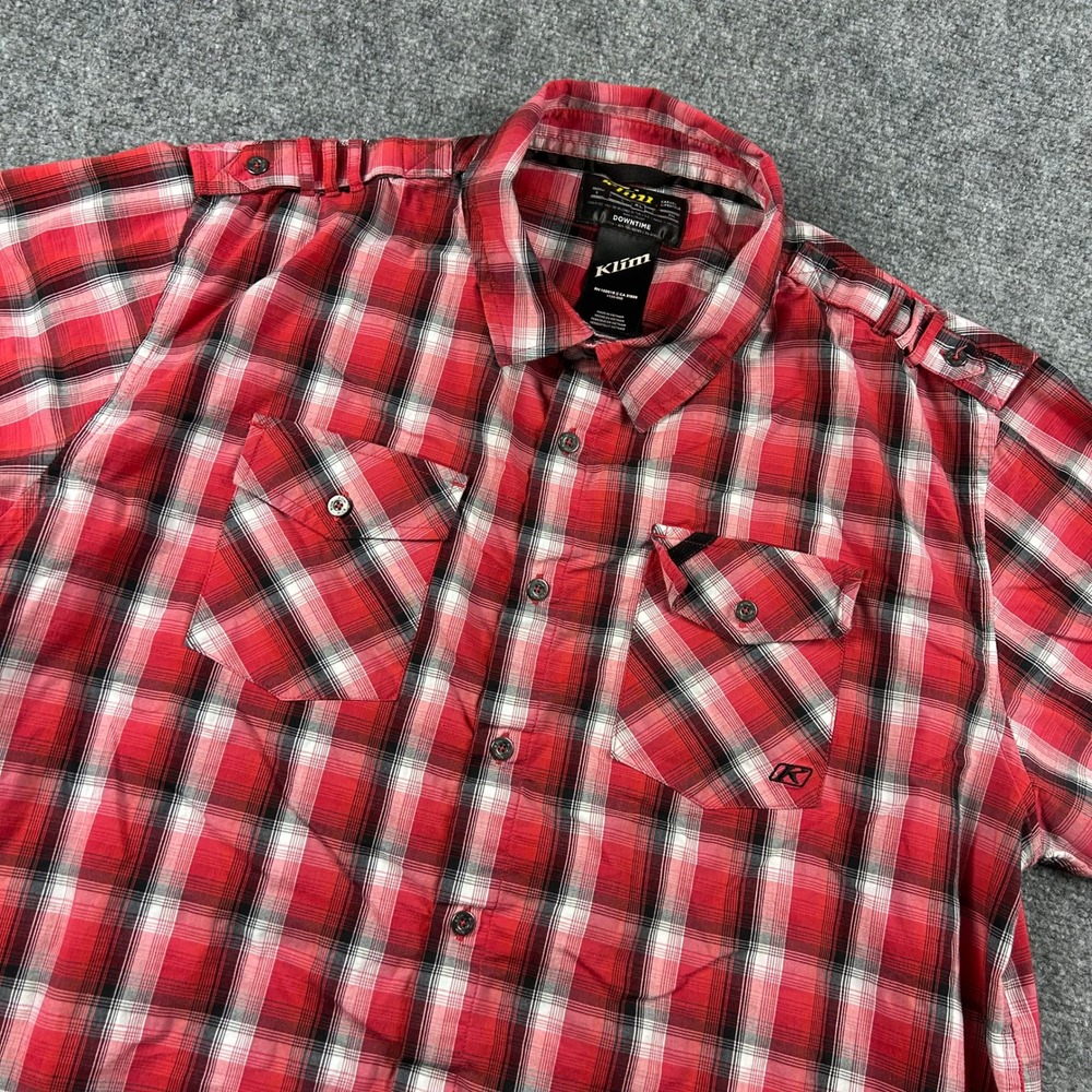 Klim Downtime Button Down Shirt Mens XL Red Plaid Short Sleeve Epaulette Casual